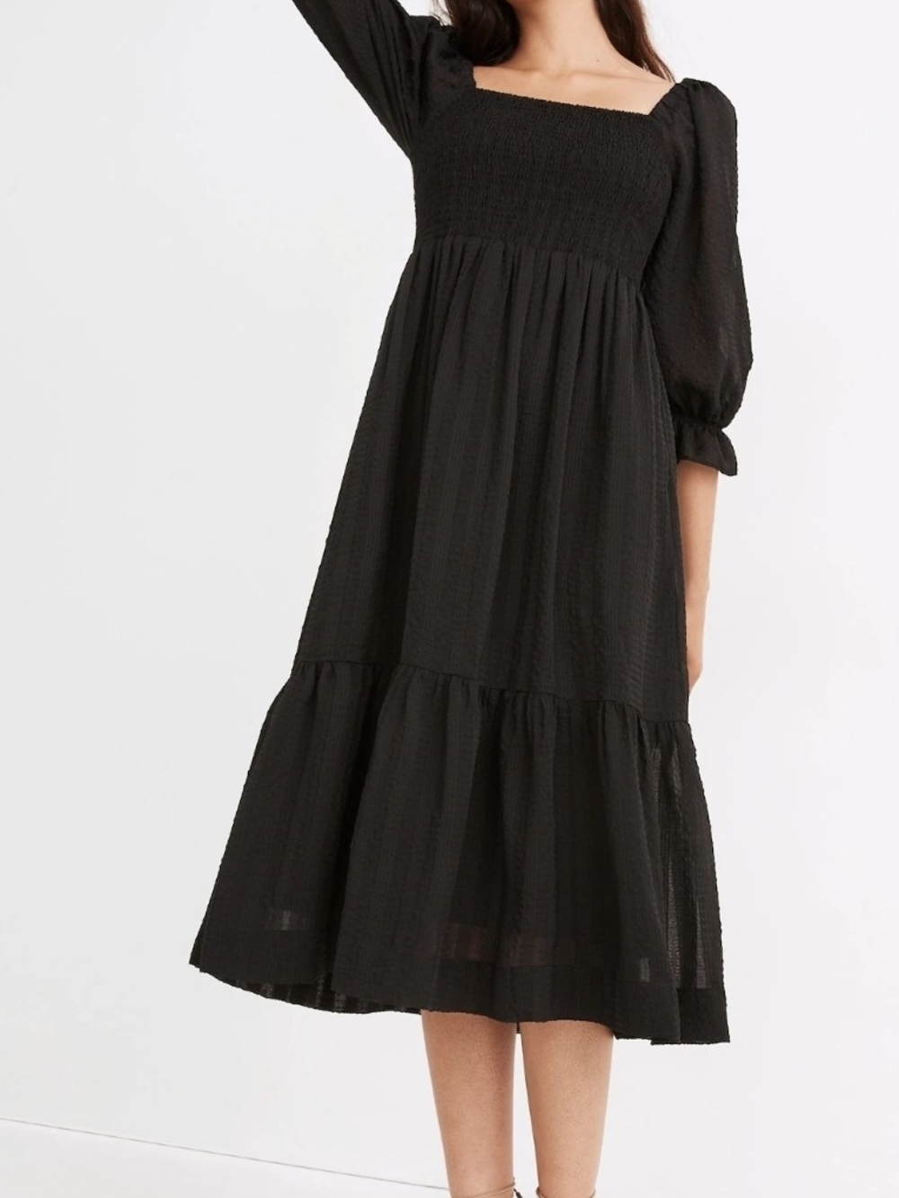 Madewell Black Smocked Square-Neck Maxi Dress with Puff Sleeves
